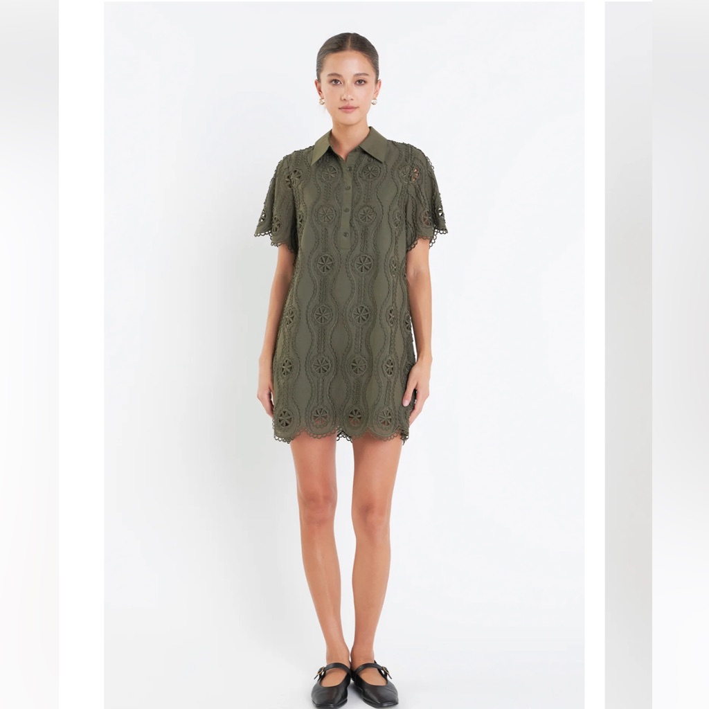 English Factory Olive Green Eyelet Shirt Mini Dress